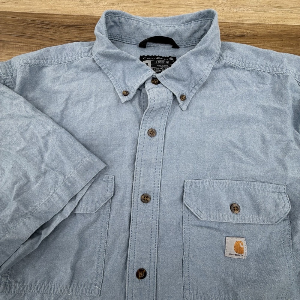Carhartt Shirt Mens XL Blue Chambray Loose Fit Short Sleeve‎ Button Up Workwear